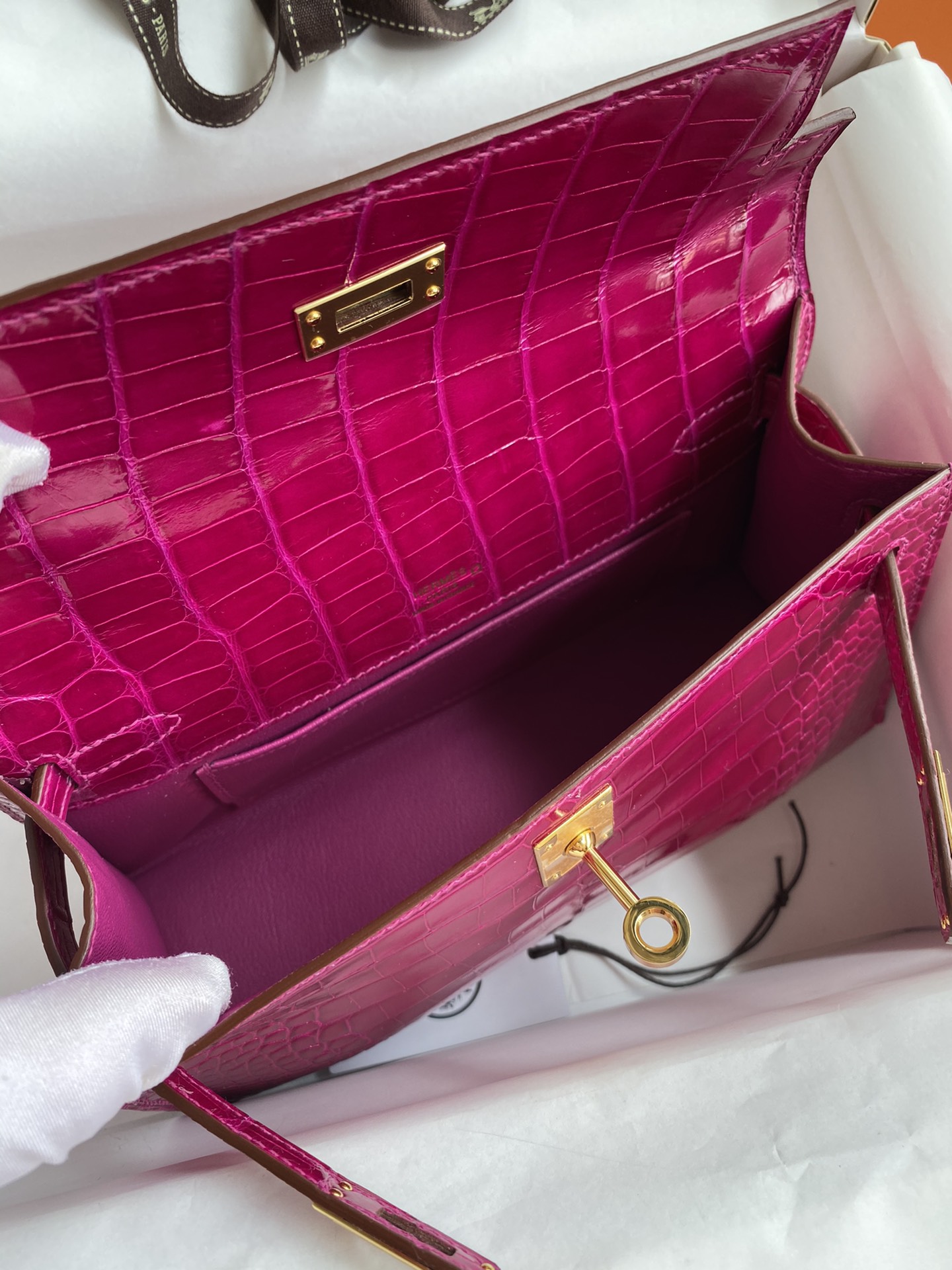 Hermes Mini Kelly Pochette 22cm Bag In Purple Shiny Alligator Leather